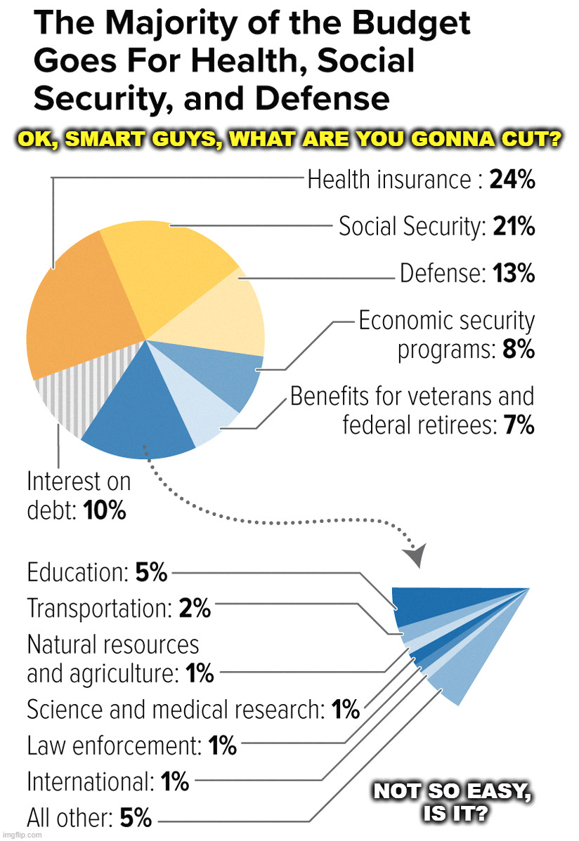 OK, SMART GUYS, WHAT ARE YOU GONNA CUT? NOT SO EASY, 
IS IT? | image tagged in elon musk,vivek ramaswamy,trump,tax cuts for the rich,budget cuts | made w/ Imgflip meme maker