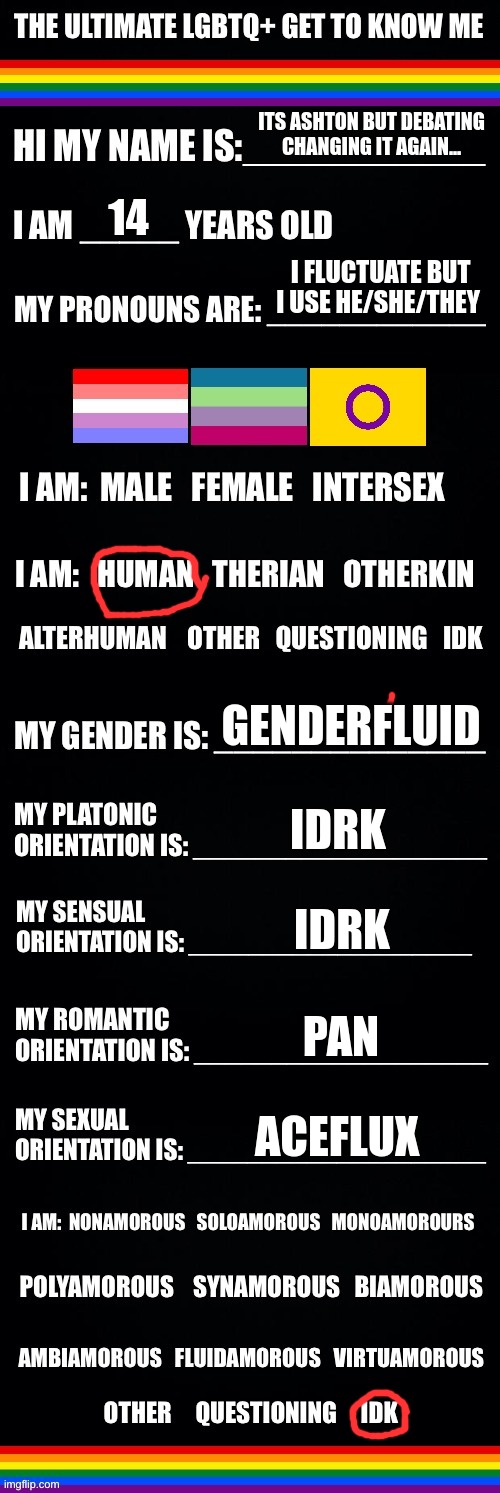 ye. | ITS ASHTON BUT DEBATING CHANGING IT AGAIN... 14; I FLUCTUATE BUT I USE HE/SHE/THEY; GENDERFLUID; IDRK; IDRK; PAN; ACEFLUX | image tagged in the ultimate lgbtq get to know me | made w/ Imgflip meme maker