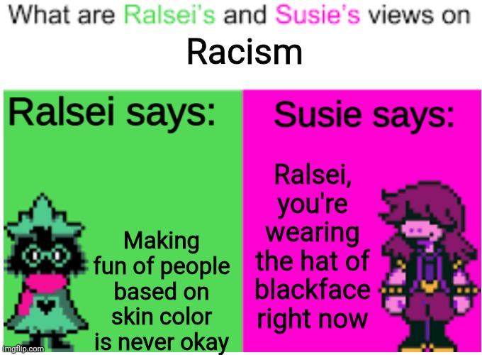 Deltarune Opinions | Racism; Making fun of people based on skin color is never okay; Ralsei, you're wearing the hat of blackface right now | image tagged in deltarune opinions | made w/ Imgflip meme maker