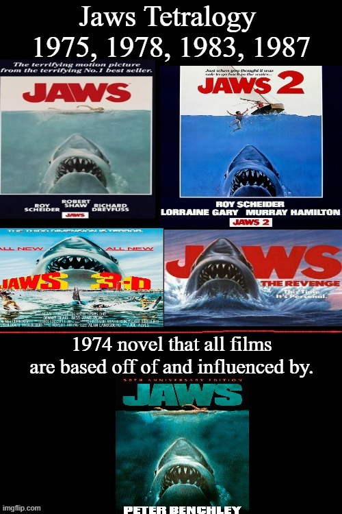 Jaws Tetralogy | 1974 novel that all films are based off of and influenced by. | image tagged in jaws,peter benchley,roy schieder,robert shaw,richard dreyfuss,jaws tetralogy | made w/ Imgflip meme maker