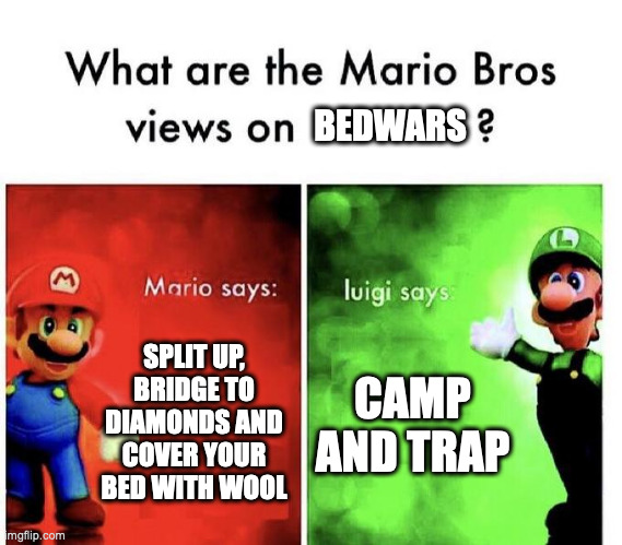 Bedwars | BEDWARS; SPLIT UP, BRIDGE TO DIAMONDS AND COVER YOUR BED WITH WOOL; CAMP AND TRAP | image tagged in mario bros views | made w/ Imgflip meme maker