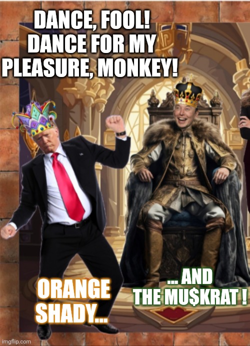 Trump Jester | DANCE, FOOL! DANCE FOR MY PLEASURE, MONKEY! ... AND THE MU$KRAT ! ORANGE SHADY... | image tagged in trump jester | made w/ Imgflip meme maker