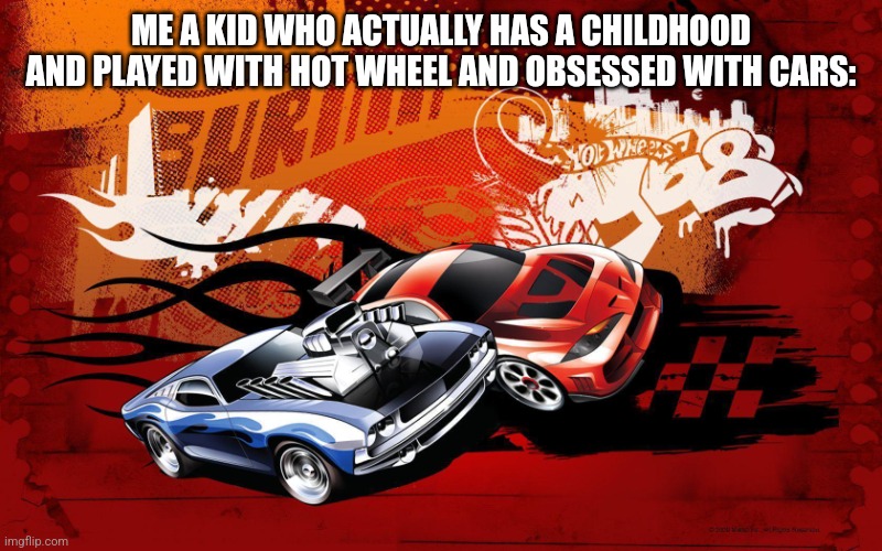 Hot wheels | ME A KID WHO ACTUALLY HAS A CHILDHOOD AND PLAYED WITH HOT WHEEL AND OBSESSED WITH CARS: | image tagged in hot wheels | made w/ Imgflip meme maker