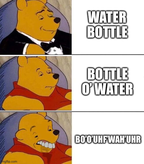 Tuxedo on Top Winnie The Pooh (3 panel) | WATER BOTTLE; BOTTLE O’ WATER; BO’O’UHF’WAH’UHR | image tagged in tuxedo on top winnie the pooh 3 panel | made w/ Imgflip meme maker