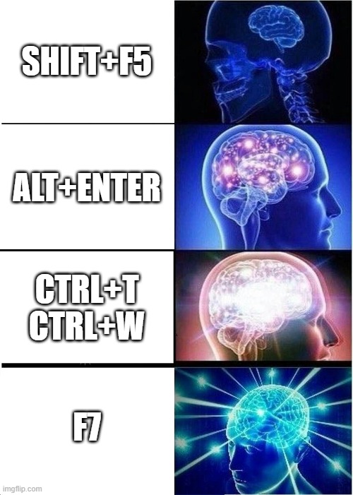 Browsing mastery stages | SHIFT+F5; ALT+ENTER; CTRL+T
CTRL+W; F7 | image tagged in memes,expanding brain,browser | made w/ Imgflip meme maker