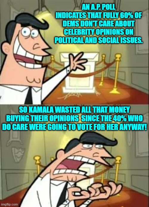 Psssst . . . next time Dem pollsters, do your research BEFORE the election. | AN A.P. POLL INDICATES THAT FULLY 60% OF DEMS DON'T CARE ABOUT CELEBRITY OPINIONS ON POLITICAL AND SOCIAL ISSUES. SO KAMALA WASTED ALL THAT MONEY BUYING THEIR OPINIONS  SINCE THE 40% WHO DO CARE WERE GOING TO VOTE FOR HER ANYWAY! | image tagged in this is where i'd put my trophy if i had one | made w/ Imgflip meme maker