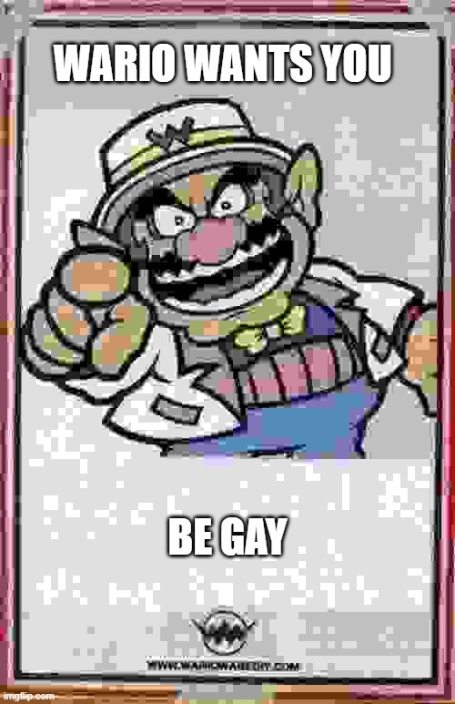 WARIO WANTS YOU TO BE GAY | WARIO WANTS YOU; BE GAY | image tagged in wario wants you | made w/ Imgflip meme maker