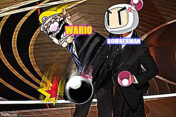 Bomber Man Slaps Wario For Being CopyPaste | WARIO; BOMBERMAN | image tagged in white bomber smacks wario | made w/ Imgflip meme maker