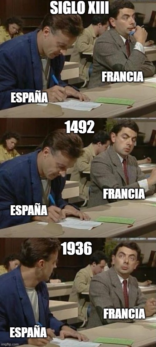 FRANCE | SIGLO XIII; FRANCIA; ESPAÑA; 1492; FRANCIA; ESPAÑA; 1936; ESPAÑA; FRANCIA | image tagged in france,spain | made w/ Imgflip meme maker