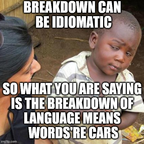 genius third world apple | BREAKDOWN CAN 
BE IDIOMATIC; SO WHAT YOU ARE SAYING
 IS THE BREAKDOWN OF 
LANGUAGE MEANS
 WORDS'RE CARS | image tagged in memes,third world skeptical kid,logic | made w/ Imgflip meme maker