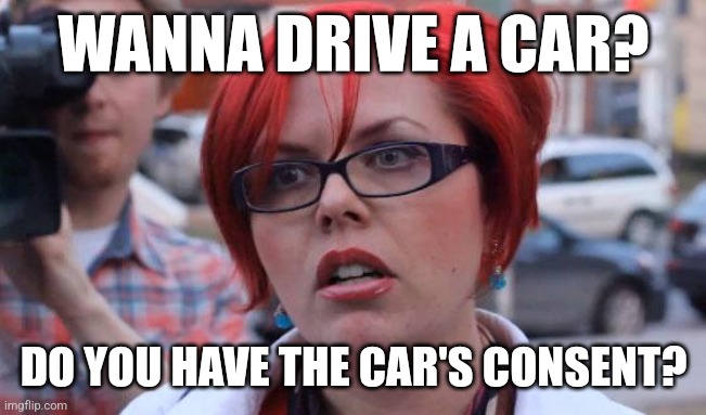 Angry Feminist | WANNA DRIVE A CAR? DO YOU HAVE THE CAR'S CONSENT? | image tagged in angry feminist | made w/ Imgflip meme maker