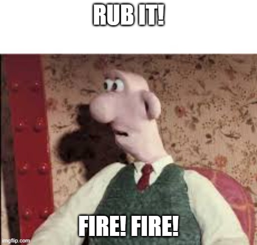 Top Bun Jokes By: Wallace, 1! | RUB IT! FIRE! FIRE! | image tagged in surprised wallace,wallace and gromit,top bun | made w/ Imgflip meme maker