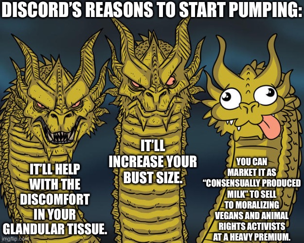 Discord be wilding lately with these feminine tips ong | DISCORD’S REASONS TO START PUMPING:; YOU CAN MARKET IT AS “CONSENSUALLY PRODUCED MILK” TO SELL TO MORALIZING VEGANS AND ANIMAL RIGHTS ACTIVISTS AT A HEAVY PREMIUM. IT’LL HELP WITH THE DISCOMFORT IN YOUR GLANDULAR TISSUE. IT’LL INCREASE YOUR BUST SIZE. | image tagged in three-headed dragon,pumping,breastmilk,discord,funny,feminine | made w/ Imgflip meme maker