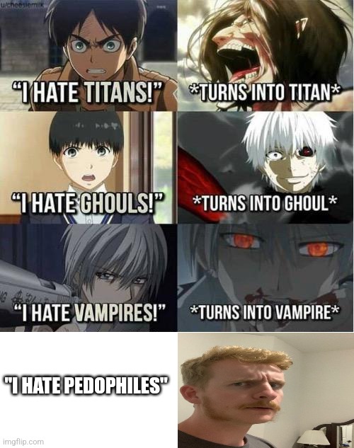 I hate Titans! turns into Titan | "I HATE PEDOPHILES" | image tagged in i hate titans turns into titan | made w/ Imgflip meme maker