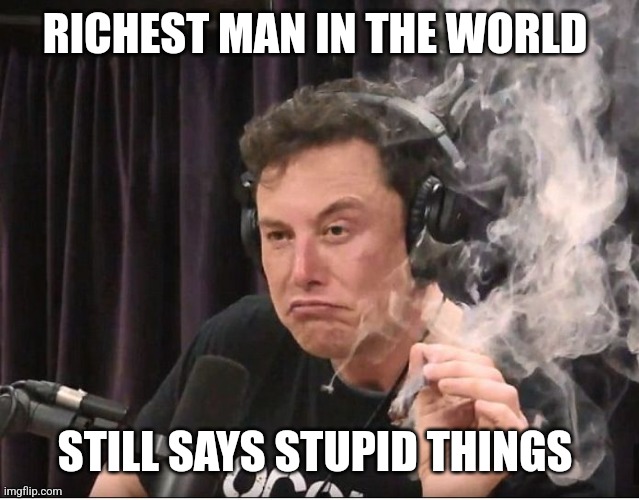Elon Musk smoking a joint | RICHEST MAN IN THE WORLD; STILL SAYS STUPID THINGS | image tagged in elon musk smoking a joint | made w/ Imgflip meme maker