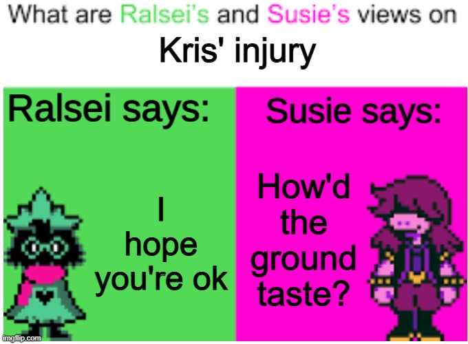 Deltarune Opinions | Kris' injury I hope you're ok How'd the ground taste? | image tagged in deltarune opinions | made w/ Imgflip meme maker