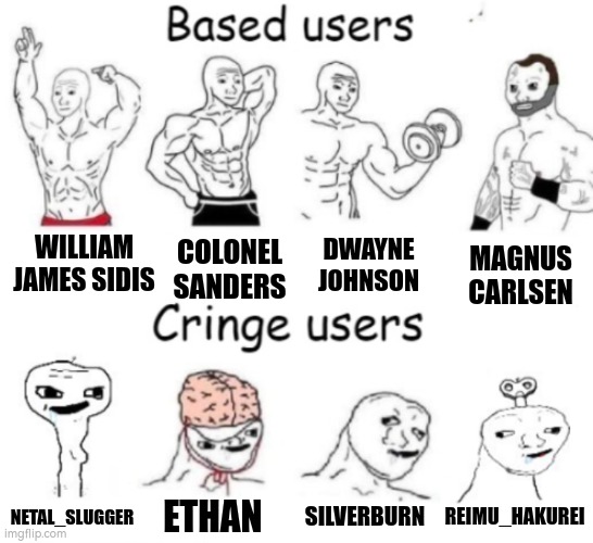 Based users v.s. cringe users | COLONEL SANDERS; WILLIAM JAMES SIDIS; DWAYNE JOHNSON; MAGNUS CARLSEN; SILVERBURN; REIMU_HAKUREI; NETAL_SLUGGER; ETHAN | image tagged in based users v s cringe users,william james sidis,colonel sanders,the rock eyebrows,magnus carlsen,average fan vs average enjoyer | made w/ Imgflip meme maker