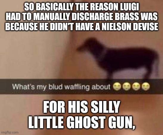 Nielson devices gives it's that silly wiggle jiggle space for the gun to cycle | SO BASICALLY THE REASON LUIGI HAD TO MANUALLY DISCHARGE BRASS WAS BECAUSE HE DIDN'T HAVE A NIELSON DEVISE; FOR HIS SILLY LITTLE GHOST GUN, | image tagged in what's my blud waffling about | made w/ Imgflip meme maker