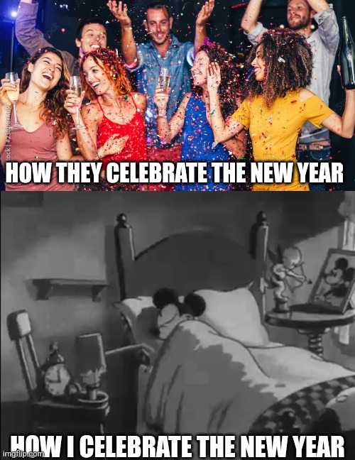 Happy 2025, folks | HOW THEY CELEBRATE THE NEW YEAR; HOW I CELEBRATE THE NEW YEAR | image tagged in sleeping mickey mouse,memes,funny memes | made w/ Imgflip meme maker