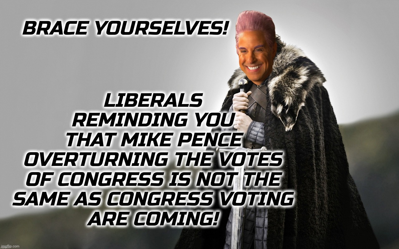 BRACE YOURSELVES! LIBERALS
REMINDING YOU
THAT MIKE PENCE
OVERTURNING THE VOTES
OF CONGRESS IS NOT THE
SAME AS CONGRESS VOTING
ARE COMING! | image tagged in c | made w/ Imgflip meme maker