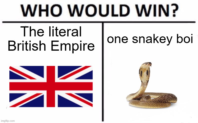 Who Would Win? Meme | The literal British Empire; one snakey boi | image tagged in memes,who would win | made w/ Imgflip meme maker