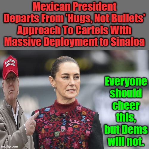 Gee i wonder why she did that ? | Mexican President Departs From 'Hugs, Not Bullets' Approach To Cartels With Massive Deployment to Sinaloa; Everyone should cheer this, but Dems will not. | made w/ Imgflip meme maker