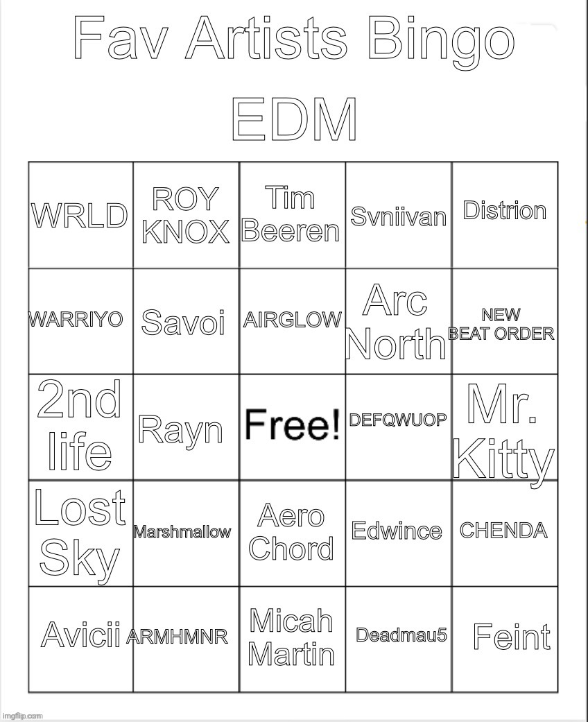 These all my top tier favs you too Porter Robinson | image tagged in edm artists bingo by owu | made w/ Imgflip meme maker