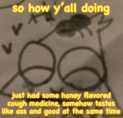 silly little guy :3 | so how y’all doing; just had some honey flavored cough medicine, somehow tastes like ass and good at the same time | image tagged in silly little guy 3 | made w/ Imgflip meme maker