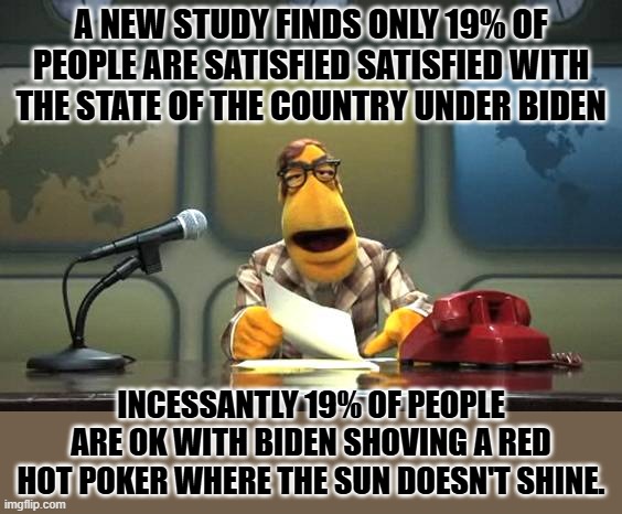 Muppet News Flash | A NEW STUDY FINDS ONLY 19% OF PEOPLE ARE SATISFIED SATISFIED WITH THE STATE OF THE COUNTRY UNDER BIDEN; INCESSANTLY 19% OF PEOPLE ARE OK WITH BIDEN SHOVING A RED HOT POKER WHERE THE SUN DOESN'T SHINE. | image tagged in muppet news flash | made w/ Imgflip meme maker