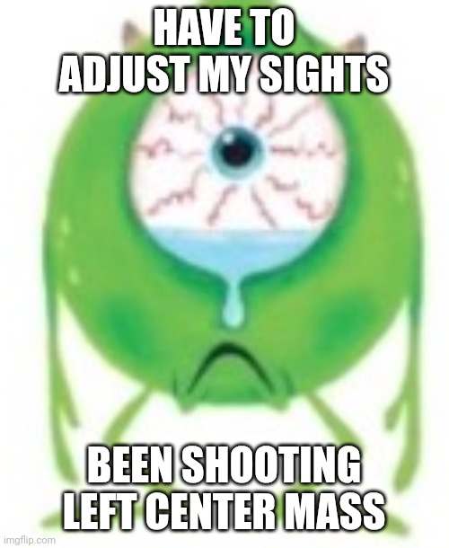 Mike cry? | HAVE TO ADJUST MY SIGHTS; BEEN SHOOTING LEFT CENTER MASS | image tagged in mike cry | made w/ Imgflip meme maker