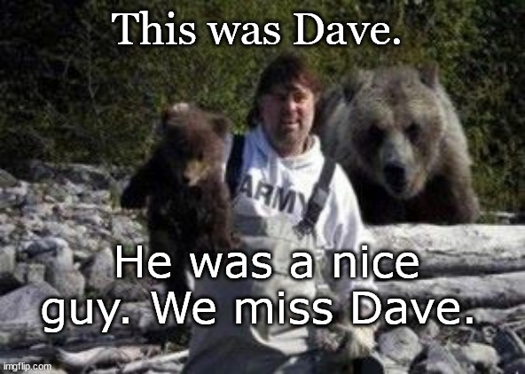 Dave was a nice guy | This was Dave. He was a nice guy. We miss Dave. | image tagged in bear,we dont do that here | made w/ Imgflip meme maker