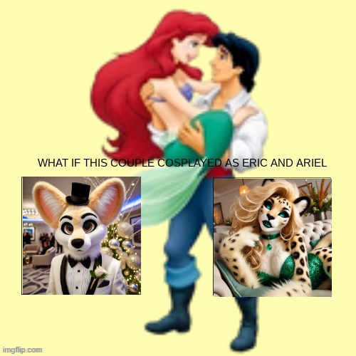 if anthro ben and leslie cosplayed as eric and ariel | image tagged in little mermaid template | made w/ Imgflip meme maker