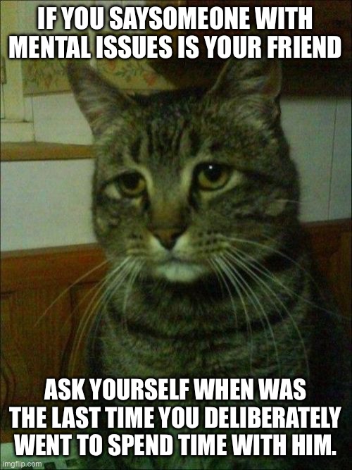 Depressed Cat | IF YOU SAYSOMEONE WITH MENTAL ISSUES IS YOUR FRIEND; ASK YOURSELF WHEN WAS THE LAST TIME YOU DELIBERATELY WENT TO SPEND TIME WITH HIM. | image tagged in memes,depressed cat | made w/ Imgflip meme maker