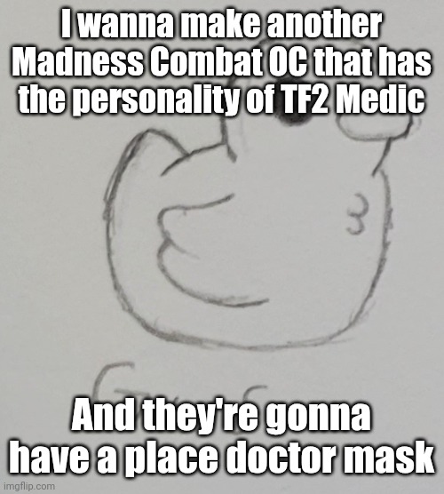 Whaddya think? | I wanna make another Madness Combat OC that has the personality of TF2 Medic; And they're gonna have a place doctor mask | image tagged in gus the duck | made w/ Imgflip meme maker