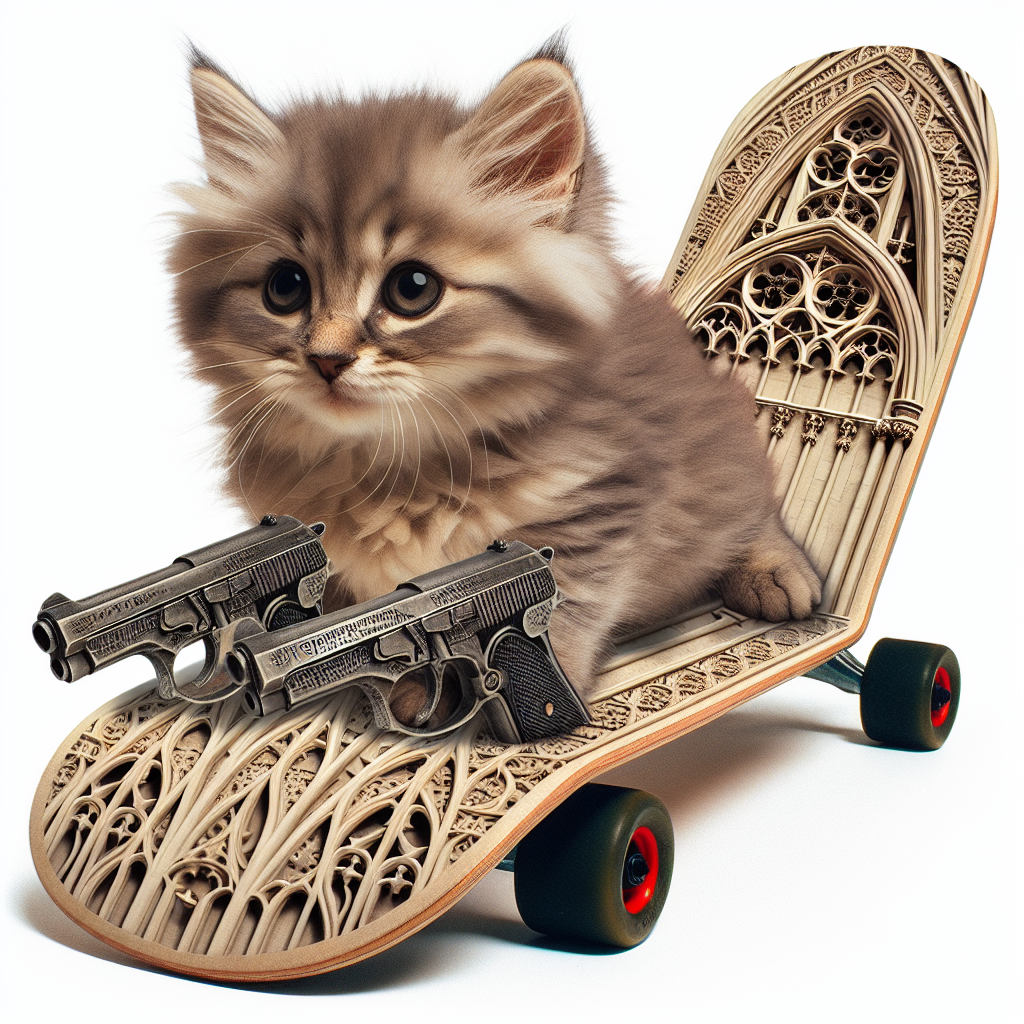 kitten riding skate board while holding dual pistols Blank Meme Template