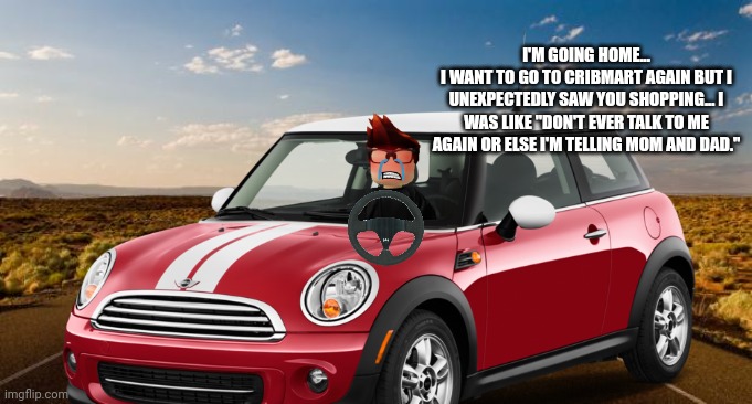 MC is so scared... | I'M GOING HOME...
I WANT TO GO TO CRIBMART AGAIN BUT I UNEXPECTEDLY SAW YOU SHOPPING... I WAS LIKE "DON'T EVER TALK TO ME AGAIN OR ELSE I'M TELLING MOM AND DAD." | image tagged in mc,jeffrey,memes,incident,cribmart,car | made w/ Imgflip meme maker