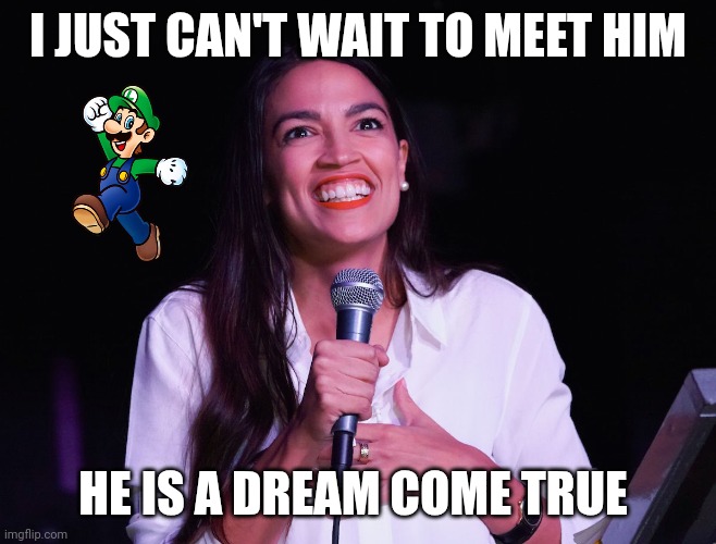 Luigi | I JUST CAN'T WAIT TO MEET HIM; HE IS A DREAM COME TRUE | image tagged in aoc crazy,funny memes | made w/ Imgflip meme maker