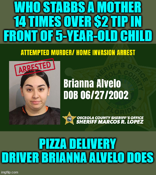 The delivery service doesn't not provide change. | WHO STABBS A MOTHER 14 TIMES OVER $2 TIP IN FRONT OF 5-YEAR-OLD CHILD; PIZZA DELIVERY DRIVER BRIANNA ALVELO DOES | image tagged in sick people | made w/ Imgflip meme maker