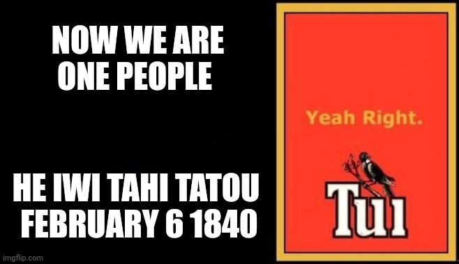 Tui | NOW WE ARE ONE PEOPLE; HE IWI TAHI TATOU 
FEBRUARY 6 1840 | image tagged in tui | made w/ Imgflip meme maker