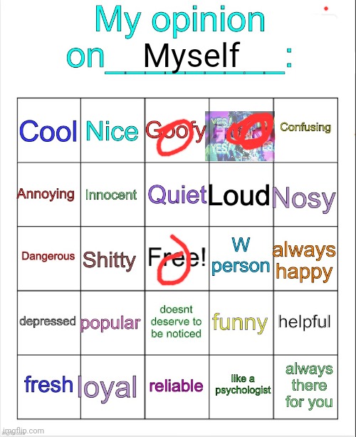 My opinion on ___ bingo by owu | Myself | image tagged in my opinion on ___ bingo by owu | made w/ Imgflip meme maker