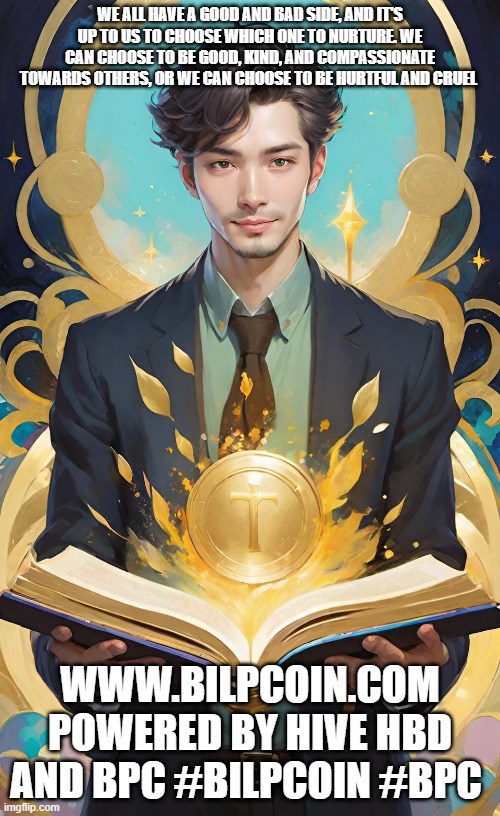 WE ALL HAVE A GOOD AND BAD SIDE, AND IT'S UP TO US TO CHOOSE WHICH ONE TO NURTURE. WE CAN CHOOSE TO BE GOOD, KIND, AND COMPASSIONATE TOWARDS OTHERS, OR WE CAN CHOOSE TO BE HURTFUL AND CRUEL; WWW.BILPCOIN.COM POWERED BY HIVE HBD AND BPC #BILPCOIN #BPC | made w/ Imgflip meme maker
