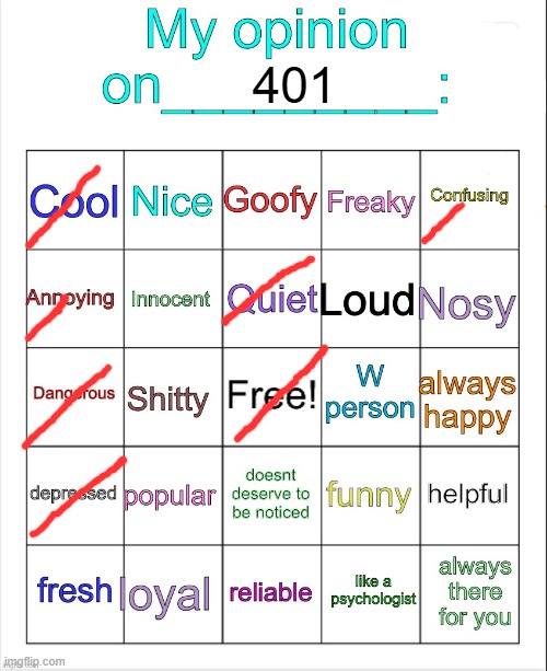 My opinion on ___ bingo by owu | 401 | image tagged in my opinion on ___ bingo by owu | made w/ Imgflip meme maker