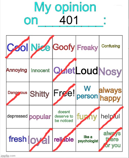 My opinion on ___ bingo by owu | 401 | image tagged in my opinion on ___ bingo by owu | made w/ Imgflip meme maker