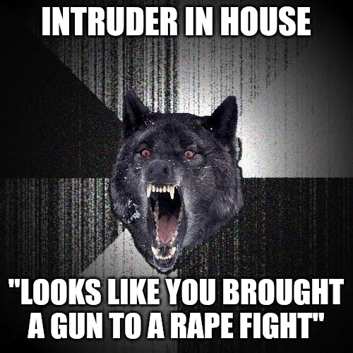 Insanity Wolf Meme | INTRUDER IN HOUSE; "LOOKS LIKE YOU BROUGHT A GUN TO A RAPE FIGHT" | image tagged in memes,insanity wolf | made w/ Imgflip meme maker