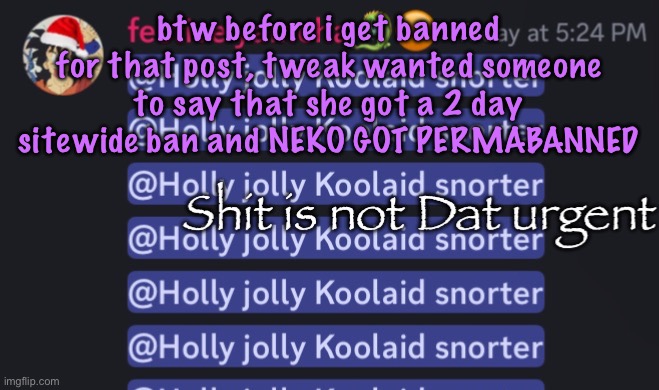 wild | btw before i get banned for that post, tweak wanted someone to say that she got a 2 day sitewide ban and NEKO GOT PERMABANNED | image tagged in shit is not dat urgent,cinnabox announcement | made w/ Imgflip meme maker