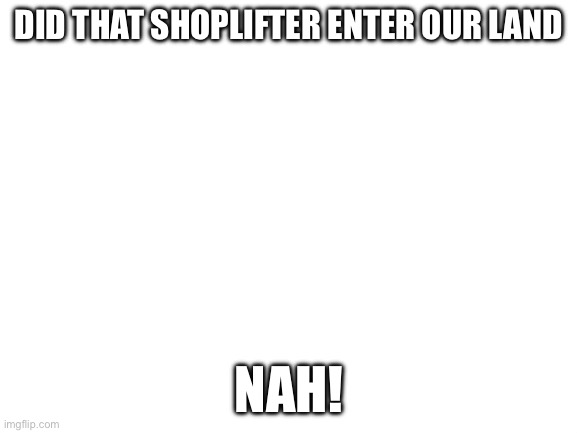 Shit! | DID THAT SHOPLIFTER ENTER OUR LAND; NAH! | image tagged in blank white template | made w/ Imgflip meme maker