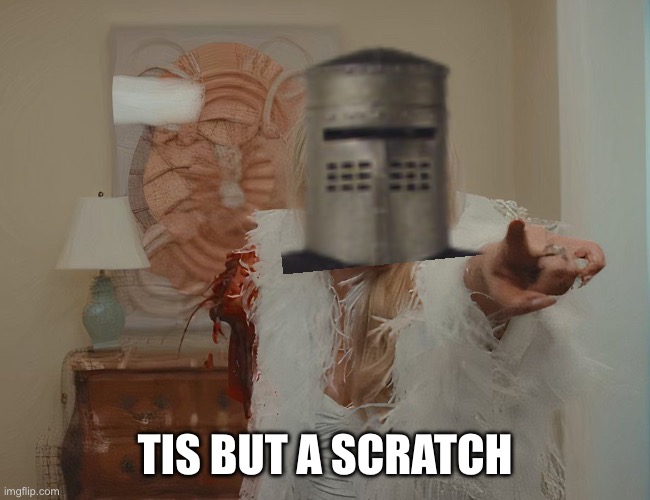 Sabrina Carpenter tis but a scratch meme | TIS BUT A SCRATCH | image tagged in meme,tis but a scratch,sabrina carpenter,funny,monty python and the holy grail,monty python black knight | made w/ Imgflip meme maker