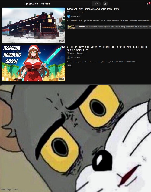 don't you hate it when you search up polar express in minecraft and then an anime girl appears? | image tagged in disturbed tom,why | made w/ Imgflip meme maker