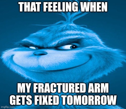 Blue Grinch | THAT FEELING WHEN; MY FRACTURED ARM GETS FIXED TOMORROW | image tagged in blue grinch | made w/ Imgflip meme maker