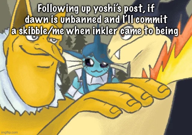 Typhlosion and Co Hand on shoulder guy | Following up yoshi’s post, if dawn is unbanned and I’ll commit a skibble/me when inkler came to being | image tagged in typhlosion and co hand on shoulder guy | made w/ Imgflip meme maker